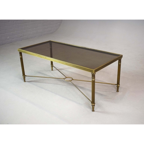 42 - BRASS LOW TABLE. tinted glass top, 44cm H x 110cm W x 55cm D.
