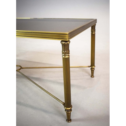 42 - BRASS LOW TABLE. tinted glass top, 44cm H x 110cm W x 55cm D.