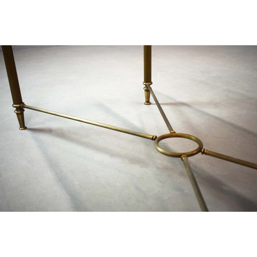 42 - BRASS LOW TABLE. tinted glass top, 44cm H x 110cm W x 55cm D.