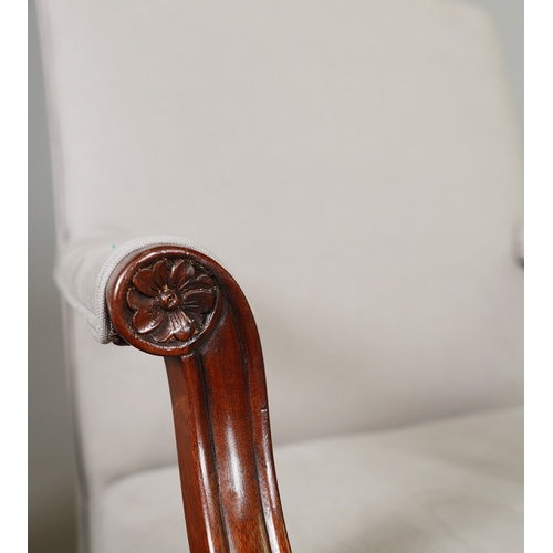 43 - PAIR OF GEORGE III STYLE ARMCHAIRS (2). mahogany in grey linen, 95cm H x 72cm W x 70cm D.