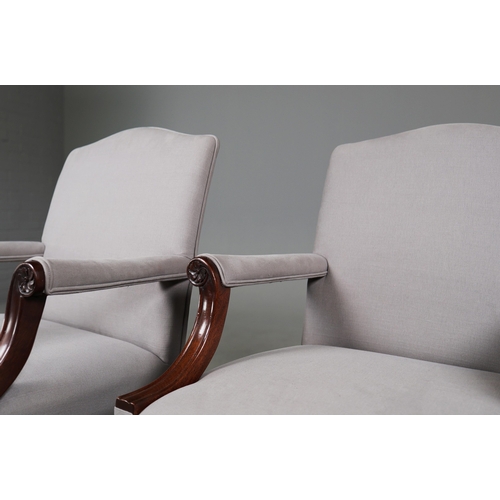 43 - PAIR OF GEORGE III STYLE ARMCHAIRS (2). mahogany in grey linen, 95cm H x 72cm W x 70cm D.