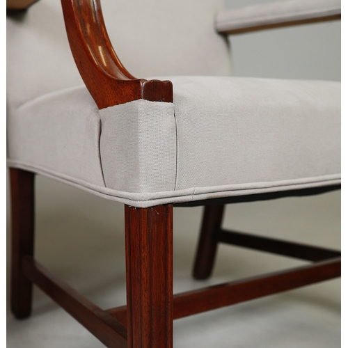 43 - PAIR OF GEORGE III STYLE ARMCHAIRS (2). mahogany in grey linen, 95cm H x 72cm W x 70cm D.