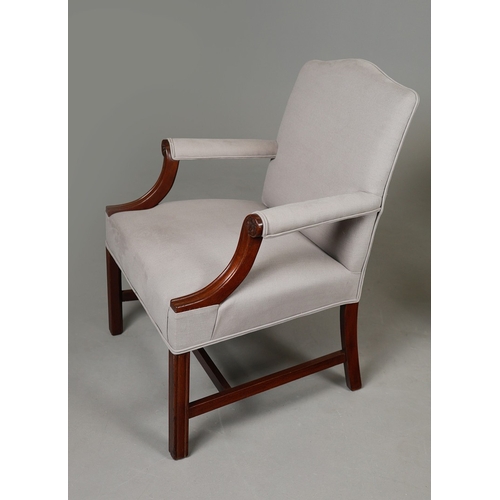 43 - PAIR OF GEORGE III STYLE ARMCHAIRS (2). mahogany in grey linen, 95cm H x 72cm W x 70cm D.