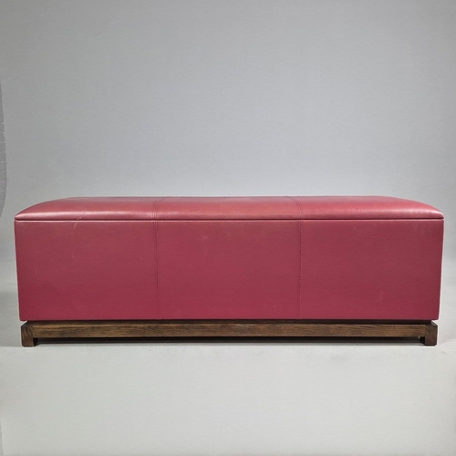 48 - OAK AND RED LEATHER STOOL. 47cm H x 140cm W x 45cm D.