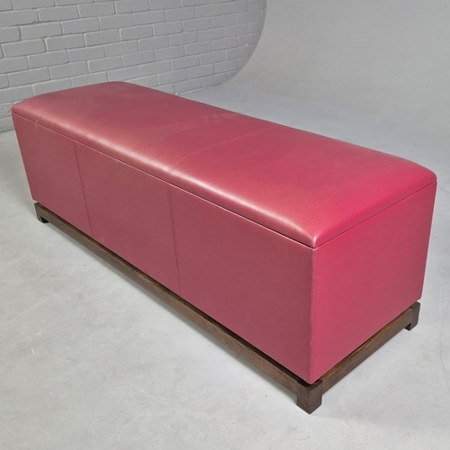 48 - OAK AND RED LEATHER STOOL. 47cm H x 140cm W x 45cm D.