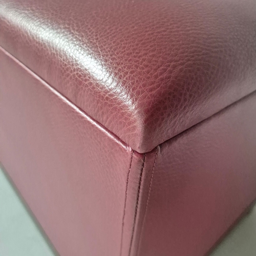 48 - OAK AND RED LEATHER STOOL. 47cm H x 140cm W x 45cm D.