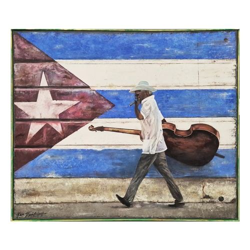 52 - KEN DAVIS. 3 ICONS, CUBA. oil on canvas, 102cm x 122cm, framed.