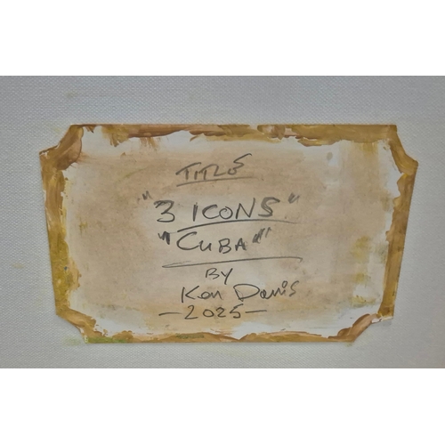 52 - KEN DAVIS. 3 ICONS, CUBA. oil on canvas, 102cm x 122cm, framed.