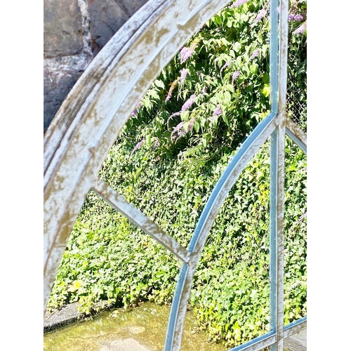 56 - SET OF THREE ARCHITECTURAL GARDEN MIRRORS WITH ARCHED METAL FRAMES. 160cm H x 67cm.