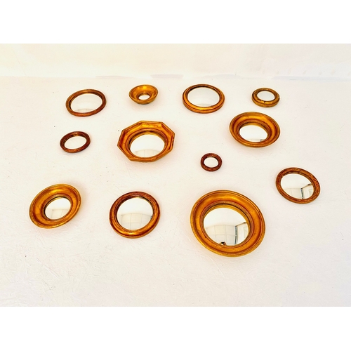 57 - SET OF TWELVE CONVEX MIRRORS WITH GILT FRAMES. various sizes and designs,  26cm diam. at largest app... 