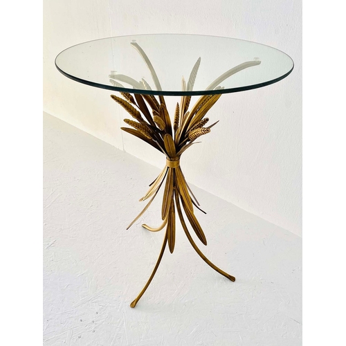58 - GILT METAL WHEAT SHEAF OCCASIONAL TABLE WITH CIRCULAR GLASS TOP. 60cm H x 40cm W.