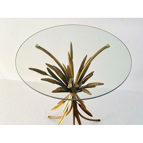 58 - GILT METAL WHEAT SHEAF OCCASIONAL TABLE WITH CIRCULAR GLASS TOP. 60cm H x 40cm W.