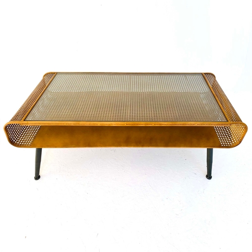63 - RETRO STYLE COFFEE TABLE IN PERFORATED METAL AND GLASS. 445cm H x 119cm W x 50cm D.