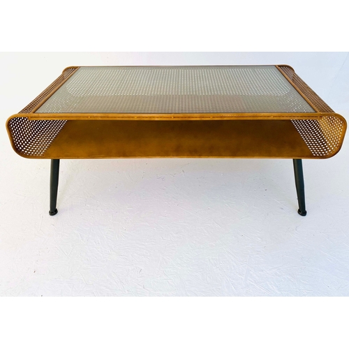 63 - RETRO STYLE COFFEE TABLE IN PERFORATED METAL AND GLASS. 445cm H x 119cm W x 50cm D.
