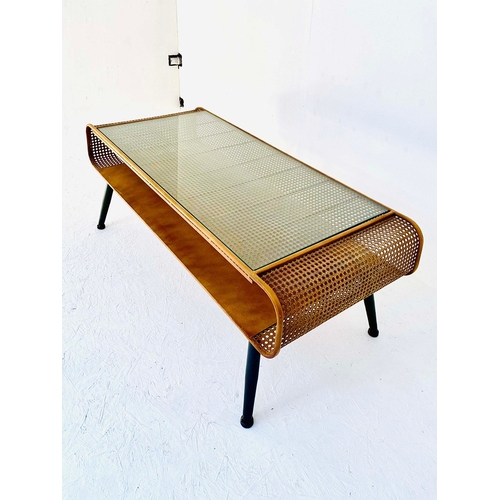63 - RETRO STYLE COFFEE TABLE IN PERFORATED METAL AND GLASS. 445cm H x 119cm W x 50cm D.