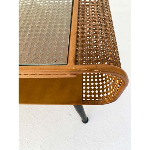 63 - RETRO STYLE COFFEE TABLE IN PERFORATED METAL AND GLASS. 445cm H x 119cm W x 50cm D.