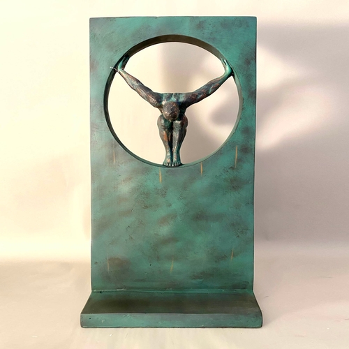 73 - CONTEMPORARY DIVER SCULPTURE IN A VERDIGRIS FINISH. 81cm H x 44cm W x 25cm D.