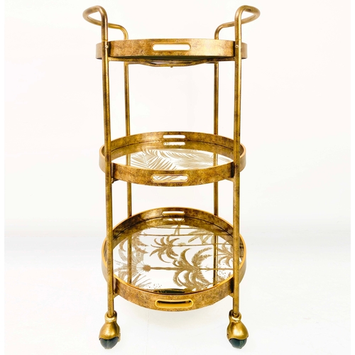 75 - GILT METAL DRINKS TROLLEY WITH PALM TREE DESIGN SHELVES. 87cm H x 45cm W x 47cm D.