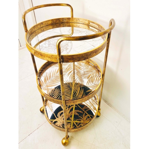 75 - GILT METAL DRINKS TROLLEY WITH PALM TREE DESIGN SHELVES. 87cm H x 45cm W x 47cm D.