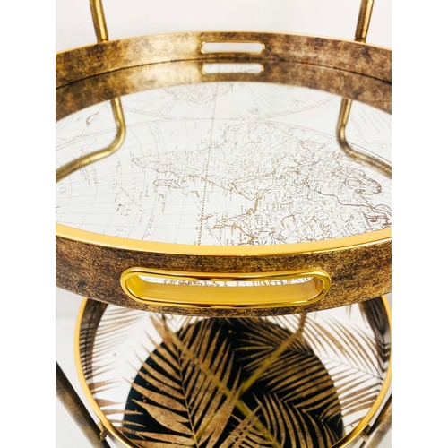 75 - GILT METAL DRINKS TROLLEY WITH PALM TREE DESIGN SHELVES. 87cm H x 45cm W x 47cm D.