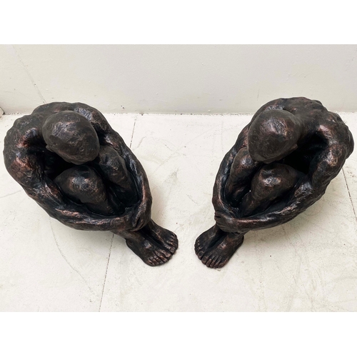 76 - PAIR OF SITTING MAN SCULPTURES IN BRONZED FINISH RESIN. 34cm H x 21cm W x 49cm D.