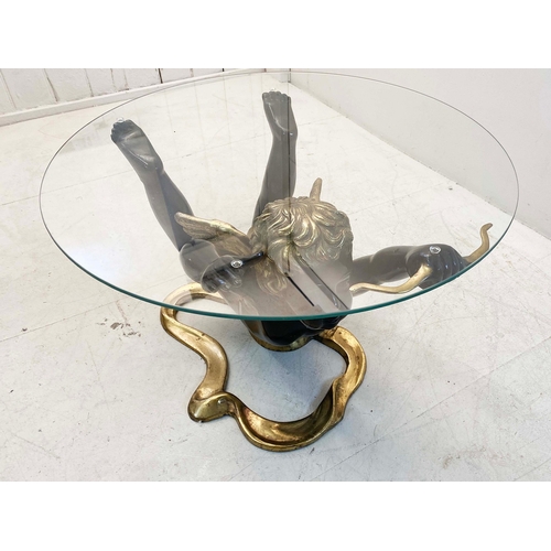 77 - CHERUB COFFEE TABLE WITH GLASS TOP ON PAINTED METAL BASE. 40cm H x 60cm W.