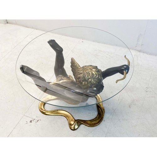 77 - CHERUB COFFEE TABLE WITH GLASS TOP ON PAINTED METAL BASE. 40cm H x 60cm W.