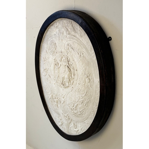 8 - CLASSICAL STYLE PLASTER WALL PLAQUE. in a black frame, 100cm H x 73cm W.