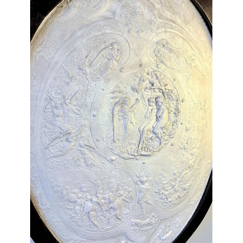 8 - CLASSICAL STYLE PLASTER WALL PLAQUE. in a black frame, 100cm H x 73cm W.