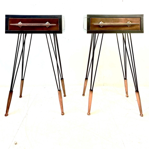 82 - PAIR OF METAL BEDSIDE TABLES WITH SINGLE DRAWERS. 51cm H x 40cm W x 40cm D.
