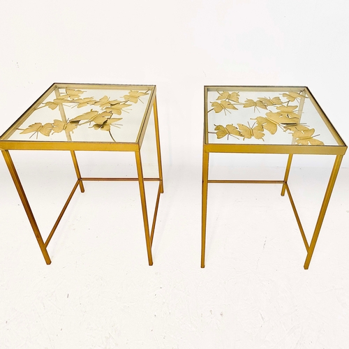 84 - PAIR OF BUTTERFLY OCCASIONAL TABLES IN GILT METAL AND GLASS. 51cm H x 35cm W x 35cm D.