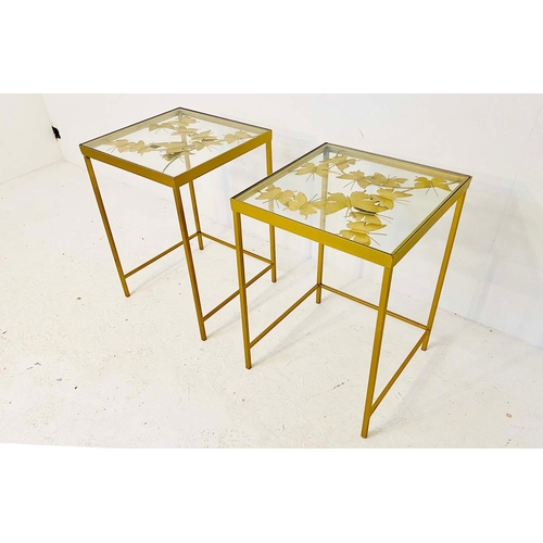 84 - PAIR OF BUTTERFLY OCCASIONAL TABLES IN GILT METAL AND GLASS. 51cm H x 35cm W x 35cm D.