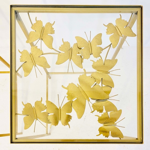84 - PAIR OF BUTTERFLY OCCASIONAL TABLES IN GILT METAL AND GLASS. 51cm H x 35cm W x 35cm D.