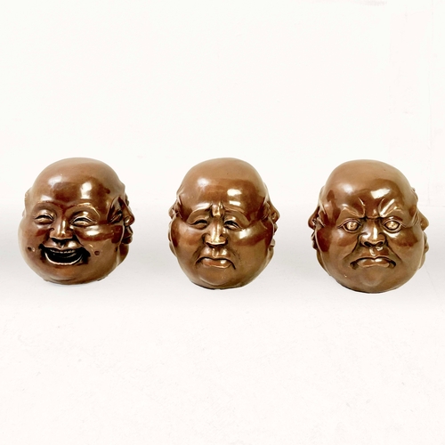 85 - SET OF THREE FOUR SIDED BRONZE HEADS. 20cm H x 12cm W.