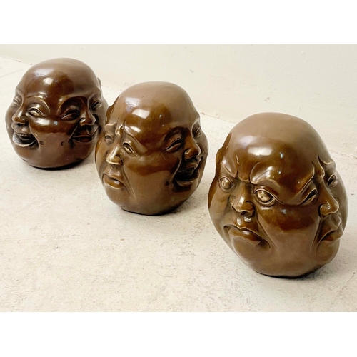 85 - SET OF THREE FOUR SIDED BRONZE HEADS. 20cm H x 12cm W.