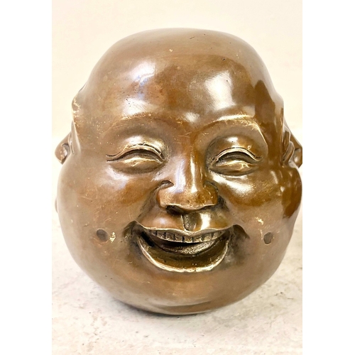 85 - SET OF THREE FOUR SIDED BRONZE HEADS. 20cm H x 12cm W.