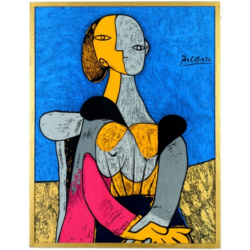 92 - AFTER PABLO PICASSO. SEATED WOMAN ON SILK. signed in the plate, 72.5cm x 55.5cm.