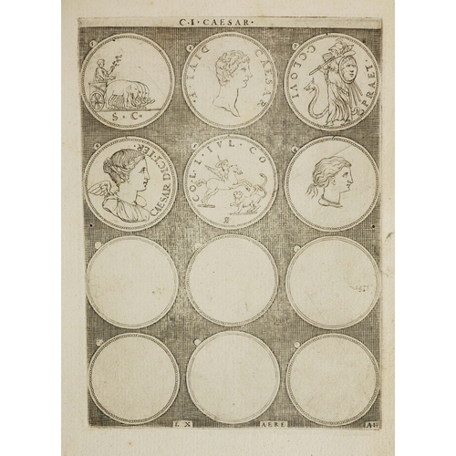 101 - ANTIQUARIAN BOOK REGARDING ROMAN NUMISMATICS. Possibly 17th century. Square 8vo. 72 engravings of st... 