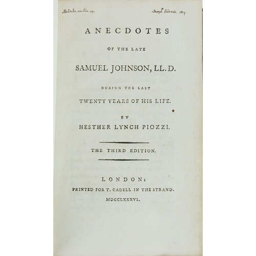 80 - HESTHER LYNCH PIOZZI. ANECDOTES OF THE LATE SAMUEL JOHNSON..., 1786. Piozzi, Hesther Lynch. Anecdote... 