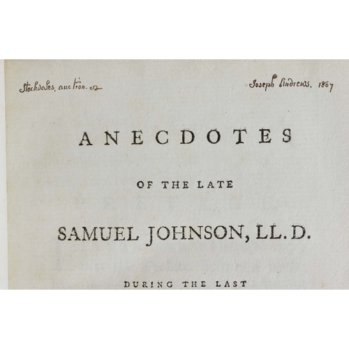 80 - HESTHER LYNCH PIOZZI. ANECDOTES OF THE LATE SAMUEL JOHNSON..., 1786. Piozzi, Hesther Lynch. Anecdote... 