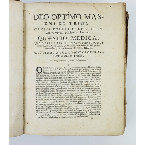 82 - 18TH CENTURY BOOK OF MEDICAL THESES. A book of medical theses presented between 1748-1758. Latin. In... 
