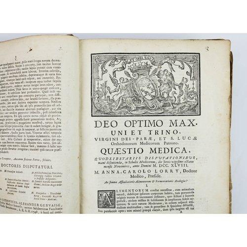 82 - 18TH CENTURY BOOK OF MEDICAL THESES. A book of medical theses presented between 1748-1758. Latin. In... 