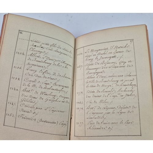 85 - TABLES CHRONOLOGIQUES DE L'HISTOIRE D'ALLEMAGNE, CA. LATE 18TH CENTURY. 32mo French manuscript of ap... 