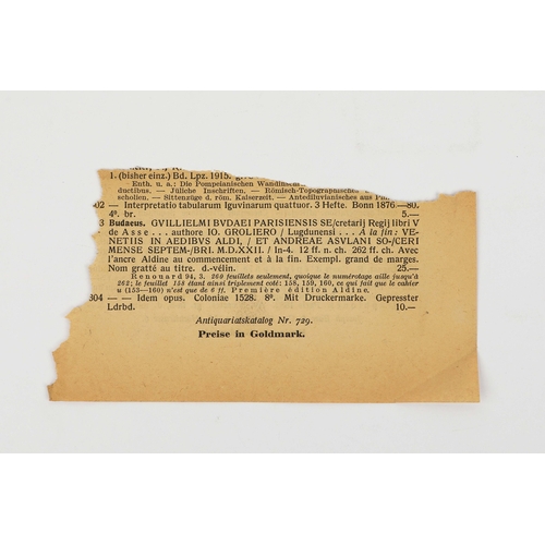 91 - GUILLAUME BUDE. DE ASSE ET PARTIBUS EIUS LIBRI QUINQUE, 1522. Venice: House of Aldus, 1522. 8vo. 265... 