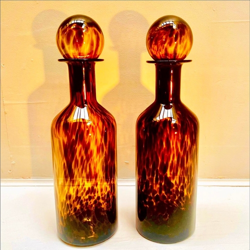 PAIR OF MURANO STYLE TORTOISE SHELL GLASS DECANTER BOTTLES. 53cm H x ...