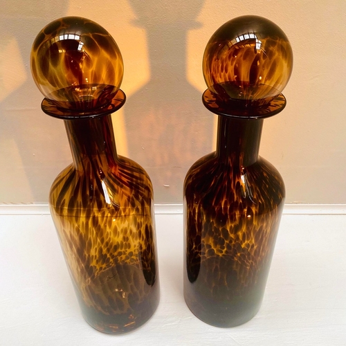 PAIR OF MURANO STYLE TORTOISE SHELL GLASS DECANTER BOTTLES. 53cm H x ...