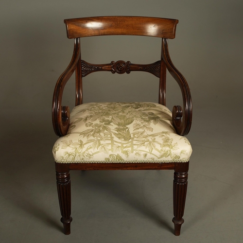 860 - SET OF EIGHT WILLIAM IV MAHOGANY DINING CHAIRS. On reeded front supports
To include two carvers
86cm... 