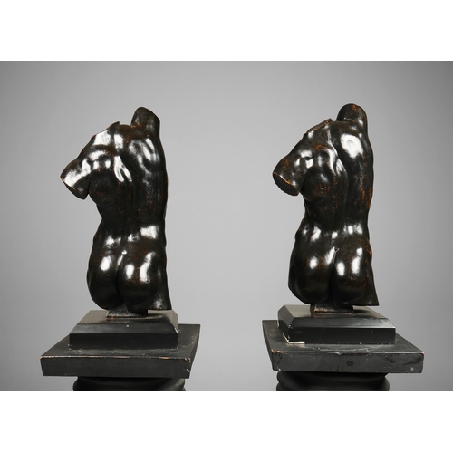 19 - A PAIR OF WOODEN MALE TORSO FIGURES. ebonised, measuring 70cm high, complete with black painted terr... 