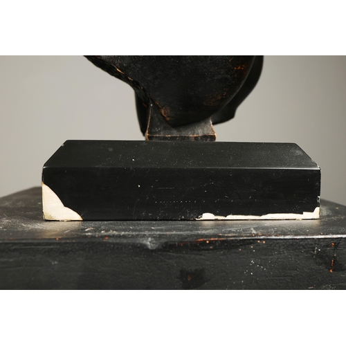 19 - A PAIR OF WOODEN MALE TORSO FIGURES. ebonised, measuring 70cm high, complete with black painted terr... 