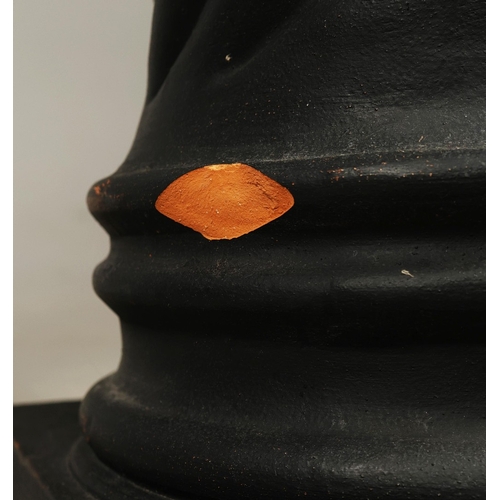 19 - A PAIR OF WOODEN MALE TORSO FIGURES. ebonised, measuring 70cm high, complete with black painted terr... 